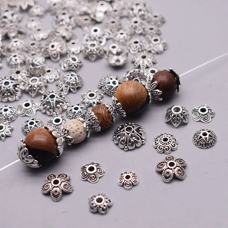 Peso 20 g/bolsa, tapa de cuentas de Metal de Color plata antigua tibetana, tapas de extremo de cuentas espaciadoras de flores para fabricación de joyería, pulsera de dijes DIY