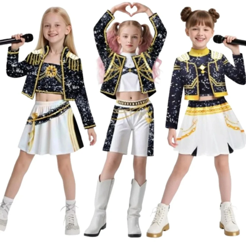 Trajes de escenario Zoey Rumi Mira para niños, disfraz negro para niñas, uniforme para fiesta de Halloween, juego de rol, trajes de disfraces estampados