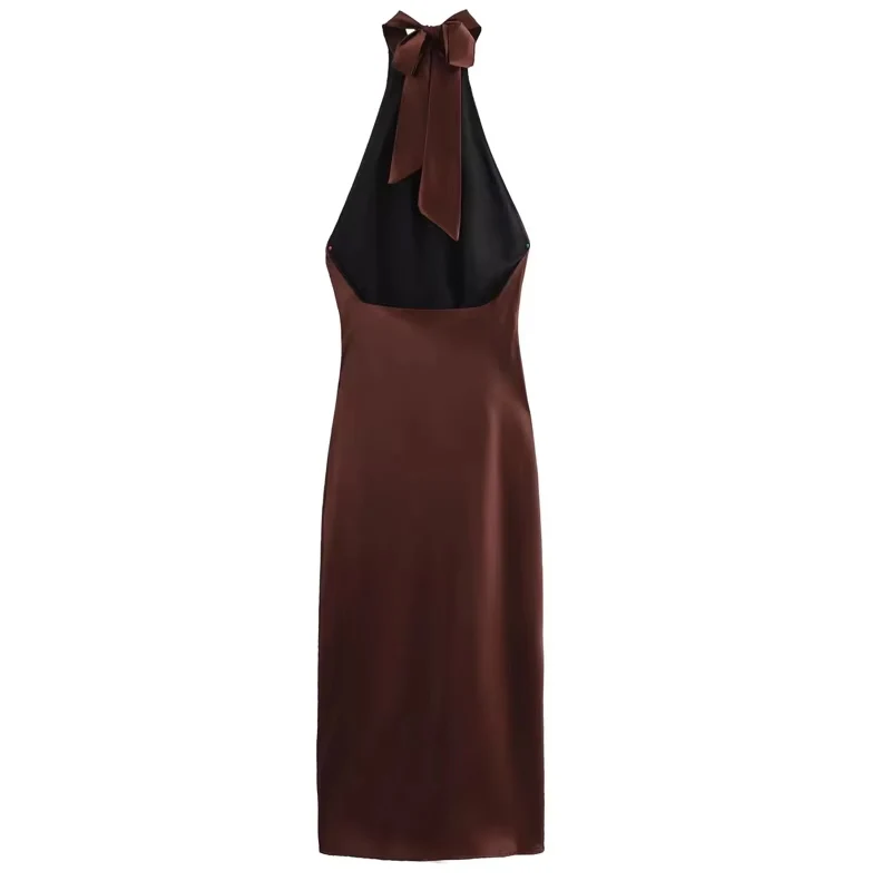 HXAO Halter Satin Long Dress Women Tied Backless Brown Midi Dress Summer Off Shoulder Party Dresses Pleated Evening Dress