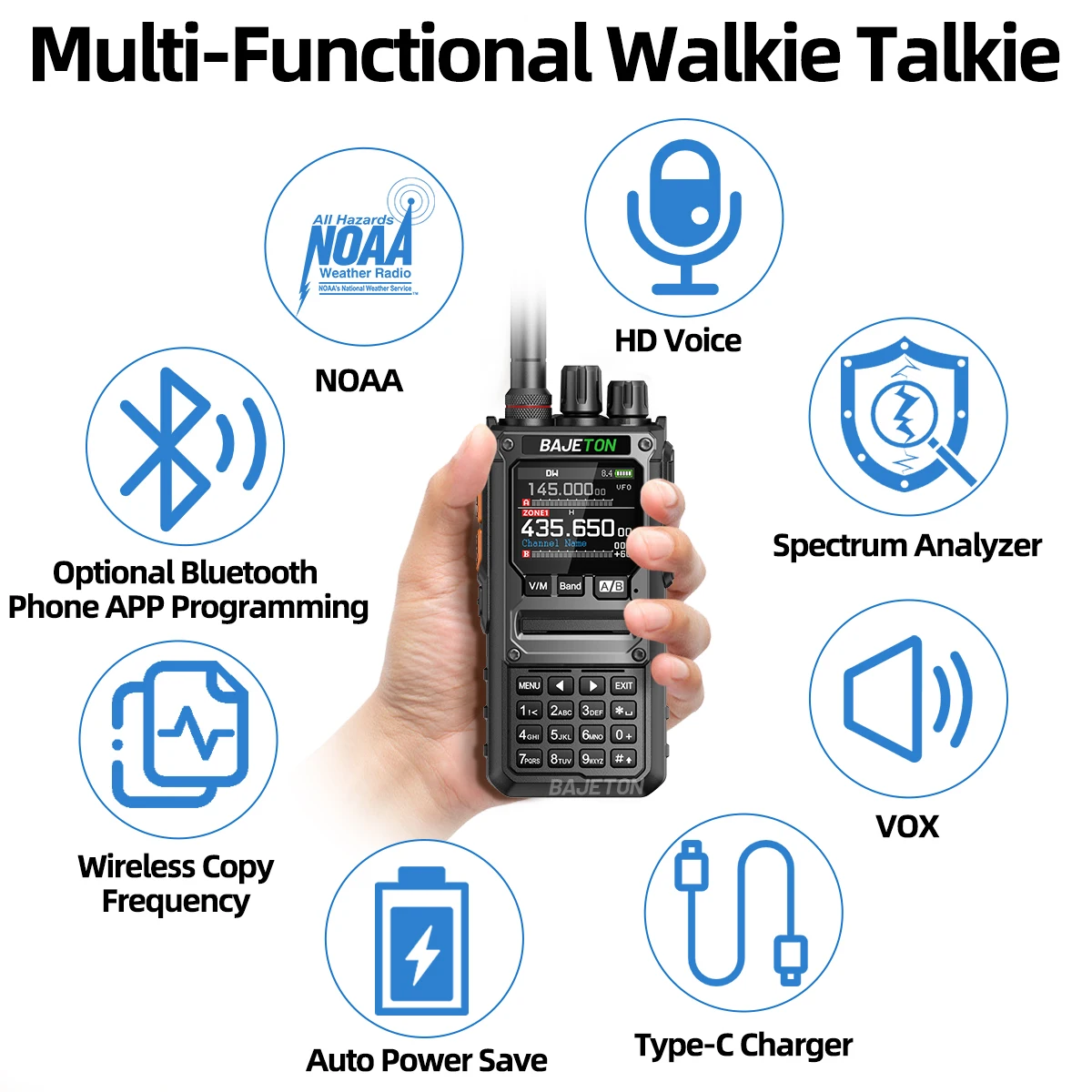 BAJETON BJ-7800 Walkie Talkie Long Range SW MW LW AM SSB CB 10W Wireless Bluetooth Phone Programming NOAA Two Way Radio RT-920