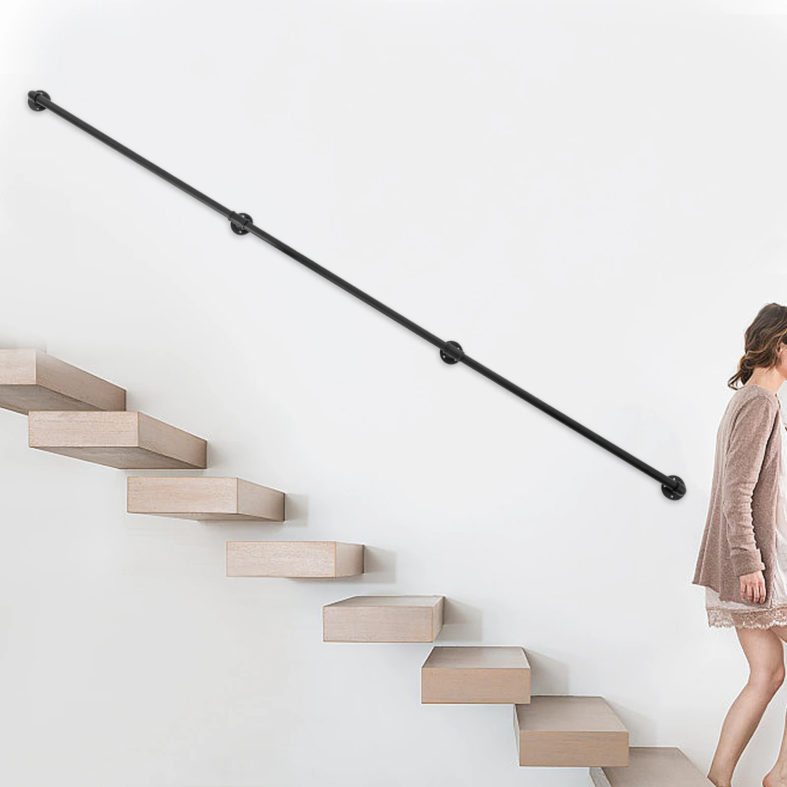 2.74m/9ft Wall-mounted Pipe Handrail, Three-Stage Metal Staircase Railing, Non-Slip Galvanized Iron Pipe Handrail for Stairs