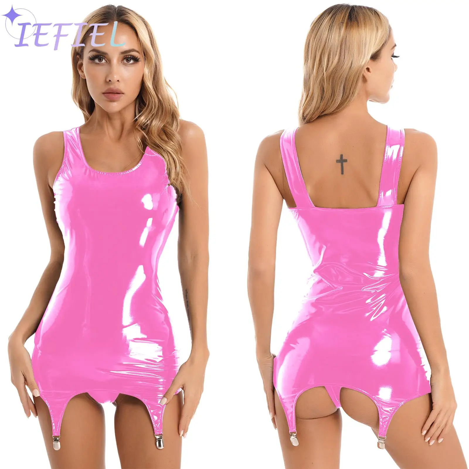 Damska skóra PVC strój do tańca na rurze wyglądające na mokre Bodycon pakiet ołówkowy biodra sukienka Tank Top lateksowa krótka minispódniczka z pasem do pończoch