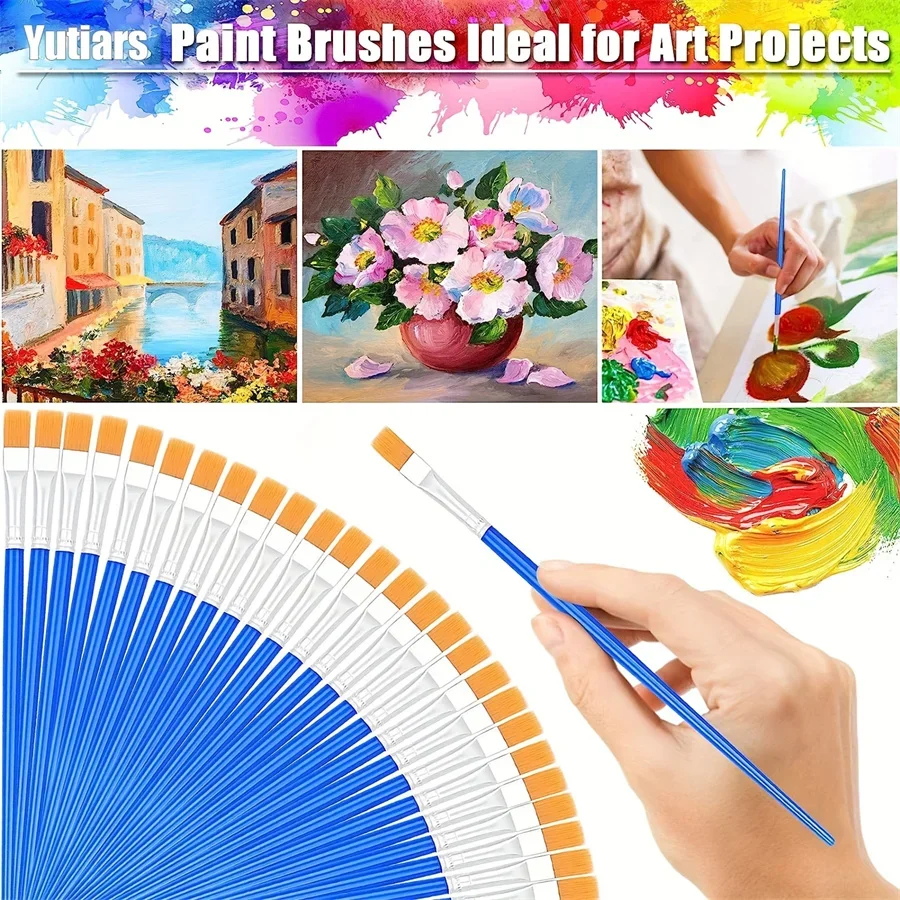 50Pcs Painting Brushes Set Art Round Flat Hair Nylon Hair Paint Brush for Oil Acrylic Watercolor Kids/Artists/Beginners/Student