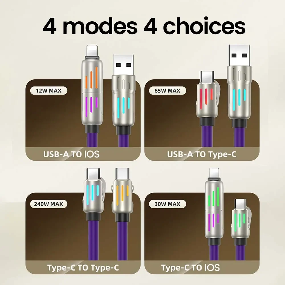 4 w 1 240W USB typu C Silikonowy kabel do szybkiego ładowania 5A USB typu C do Lightning Super szybki kabel do ładowania danych dla iPhone 15 Xiaomi