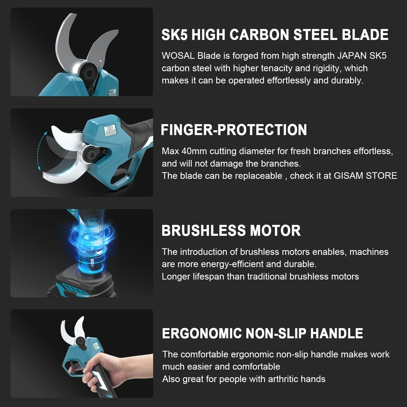 Hecus 40mm Brushless Electric Pruning Shear 2Gear Electric Scissors Orchard Shrub Branch Pruning Tool For Makita 18V Battery Pin