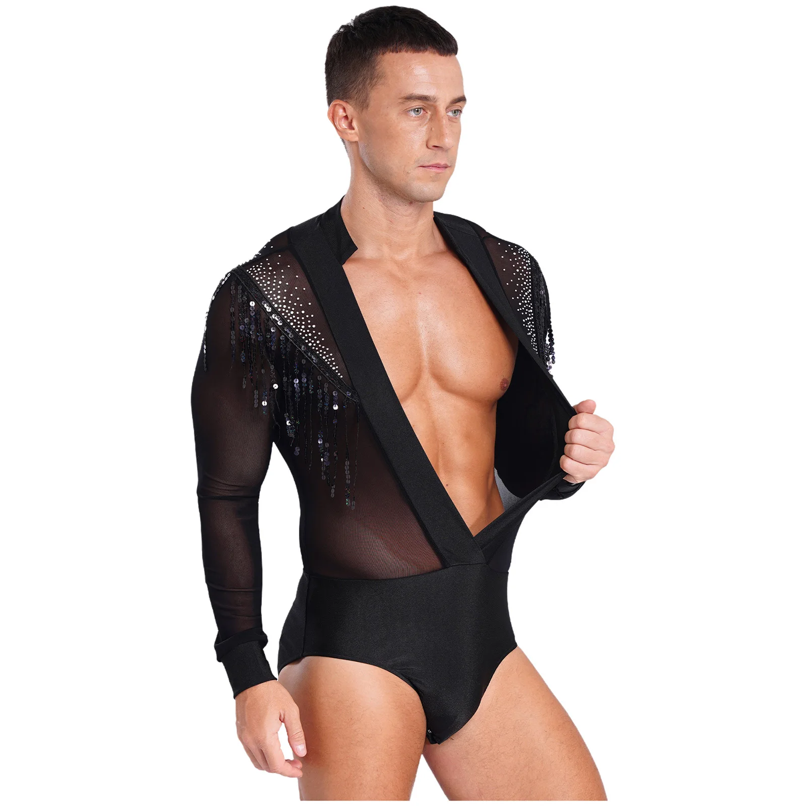 Herren-Body mit Strasssteinen, Hemd, Oberteil, durchsichtiges Netz, Pailletten, Quasten, tiefer V-Ausschnitt, lateinamerikanisches Tango-Tanztrikot, Performance-Kostüm
