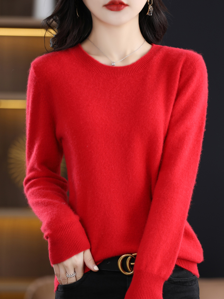 女性 100% メリノウールセーター O ネック長袖カシミヤニットプルオーバー Aliselect ファッション秋冬服トップス