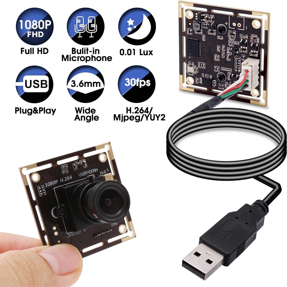 Миниатюрный модуль камеры ELP 2 МП 1080P с USB, 0,01 люкс, Аудио Микрофон с низким уровнем освещенности IMX323 H.264 CCTV, USB веб-камера промышленного наблюдения