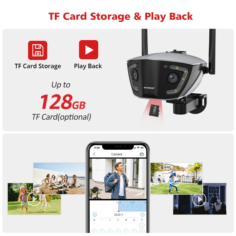 Cámara de vigilancia Wifi para exteriores 4MP 4G POE lente dual 180 °   Aplicación Camhipro de cámara de seguridad de visión nocturna en color ultraancho angular