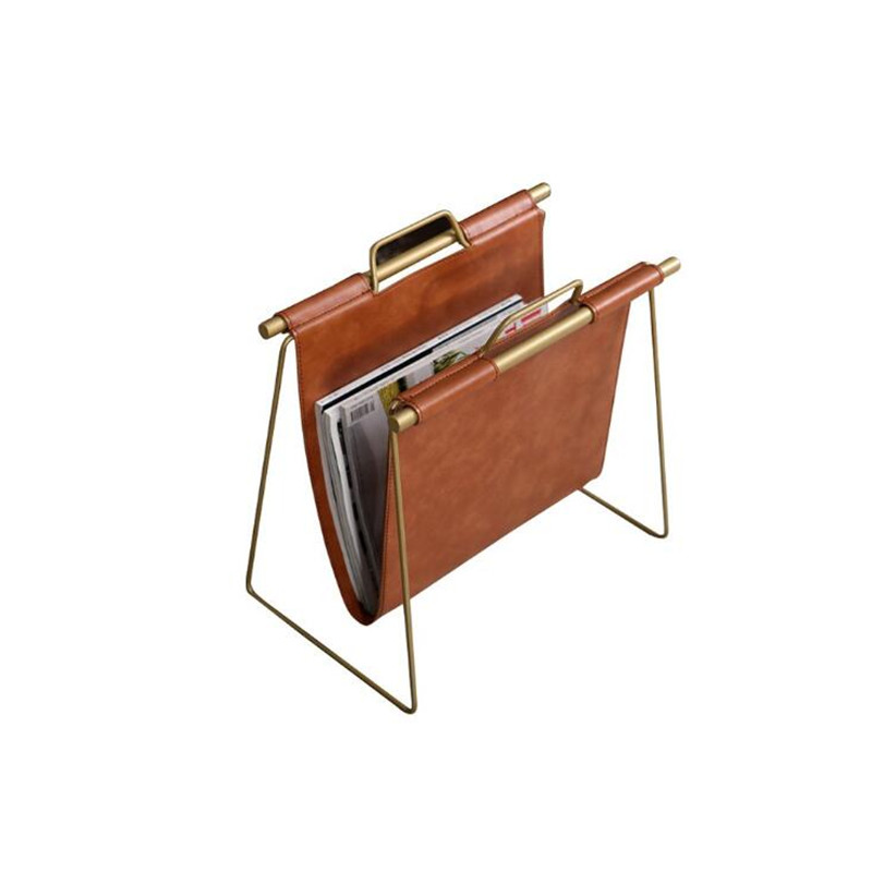 Suporte de revista de couro falso e fio de metal banhado, rack de pé para revistas, livros, jornais, casa, cenário, decoração de quarto