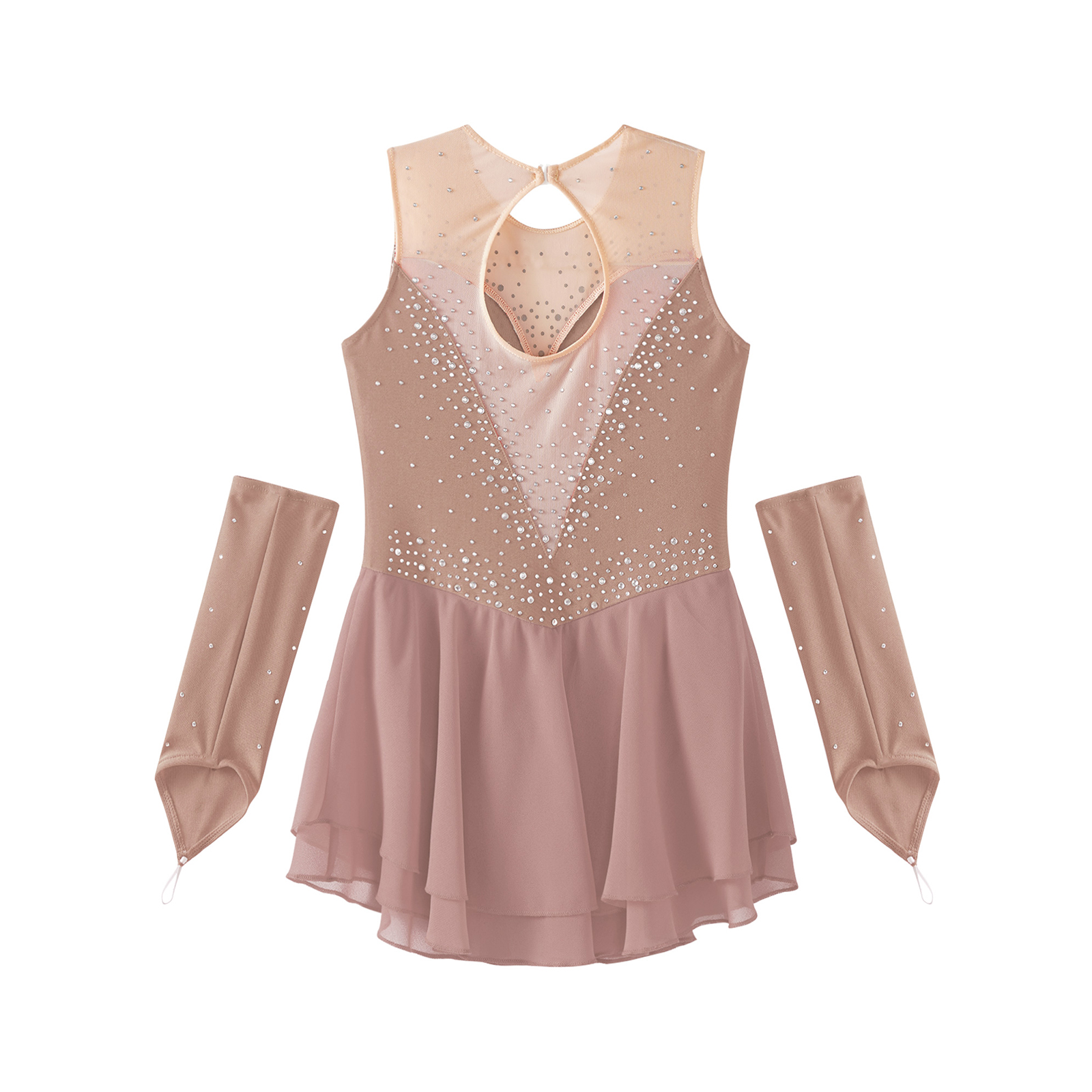 Traje de patinação no gelo para meninas, strass brilhante, vestido collant com luvas para crianças, balé ginástica rítmica, dança lírica