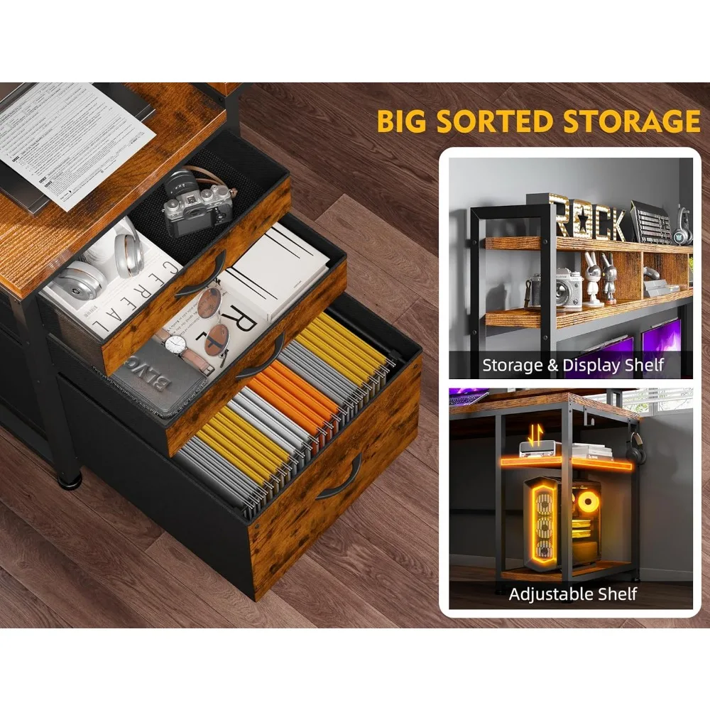 L Shaped Gaming Desk, Drawers & Storage Shelf Reversible Computer Desk with Monitor Stand & Power Outlets, LED Gaming Desk