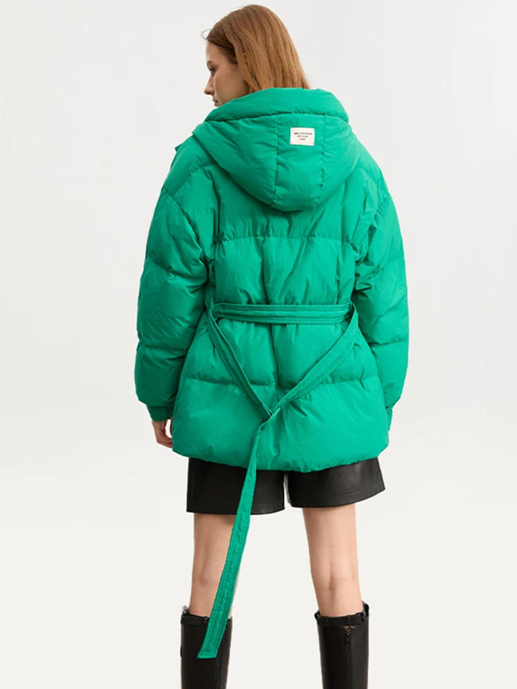 AMII Minimalist Women's Duck Down Jacket 2023 Winter New Thick Solid Hooded With Belt Down Cotton Padded Coat For Lady 12364003