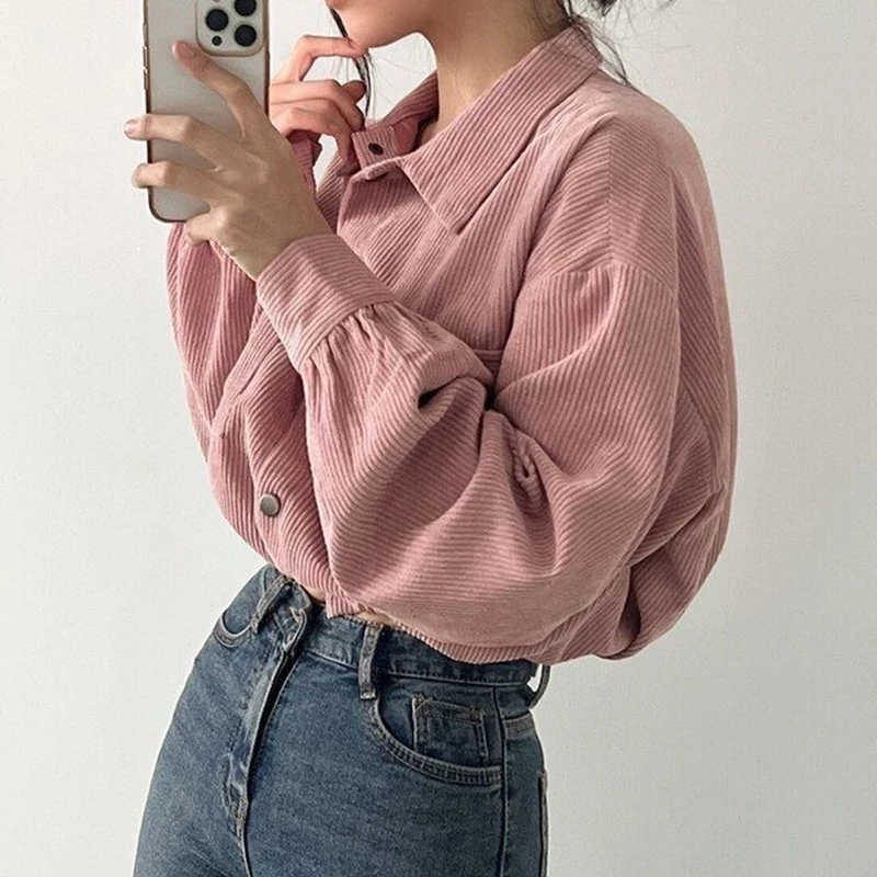 Rimocy chique bolsos manga longa blusa recortada para mulheres veludo cordão jaqueta curta mulher coreano selvagem cor sólida casacos