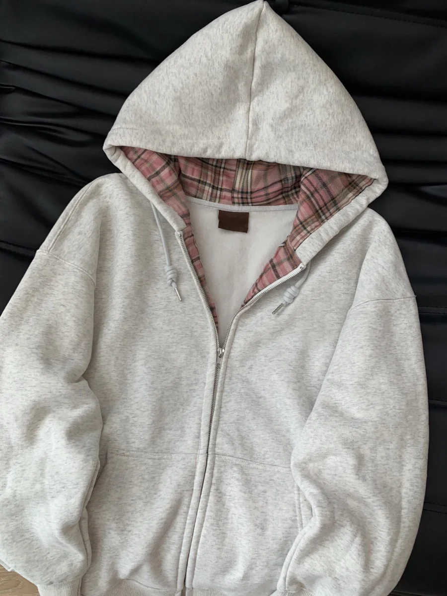 Sudadera con capucha a cuadros Retro para mujer, cárdigan con cremallera, Tops versátiles, ropa de abrigo informal holgada, otoño