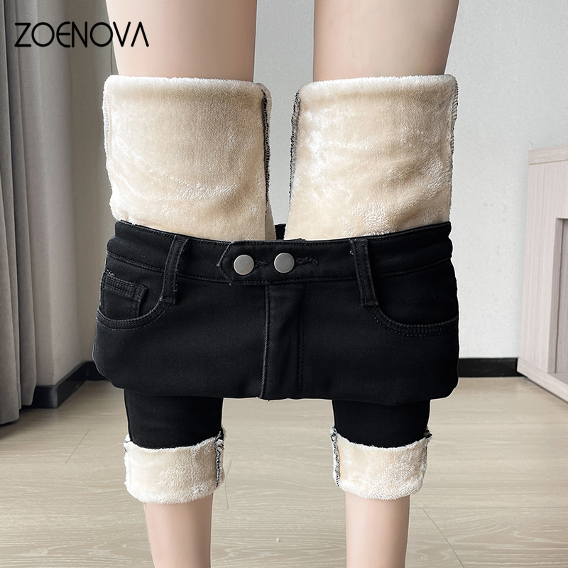ZOENOVA 2024 冬厚いベルベットの女性のジーンズハイウエストスキニージーンズシンプルなフリース暖かいスリムストレッチカジュアルデニムペンシルパンツ
