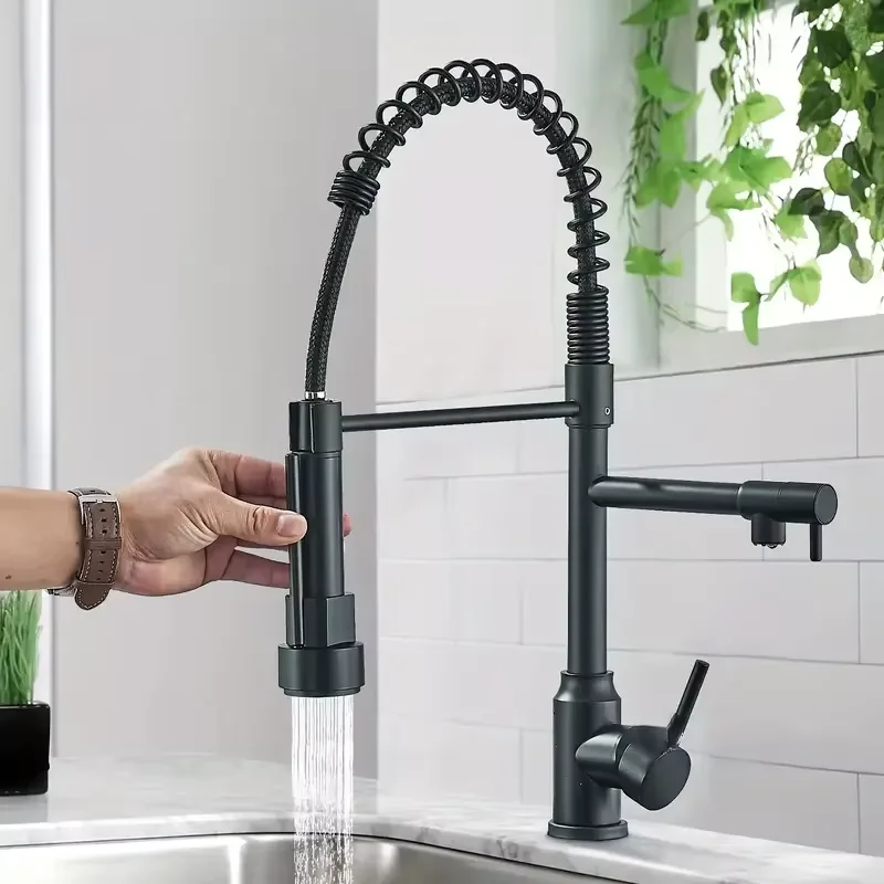 Black/Silver/Chrome Kitchen Faucet with Pull-Down Sprayer, Deck Mount Hot and Cold Water Mixer Faucet, Dual Spout Faucet, Crane