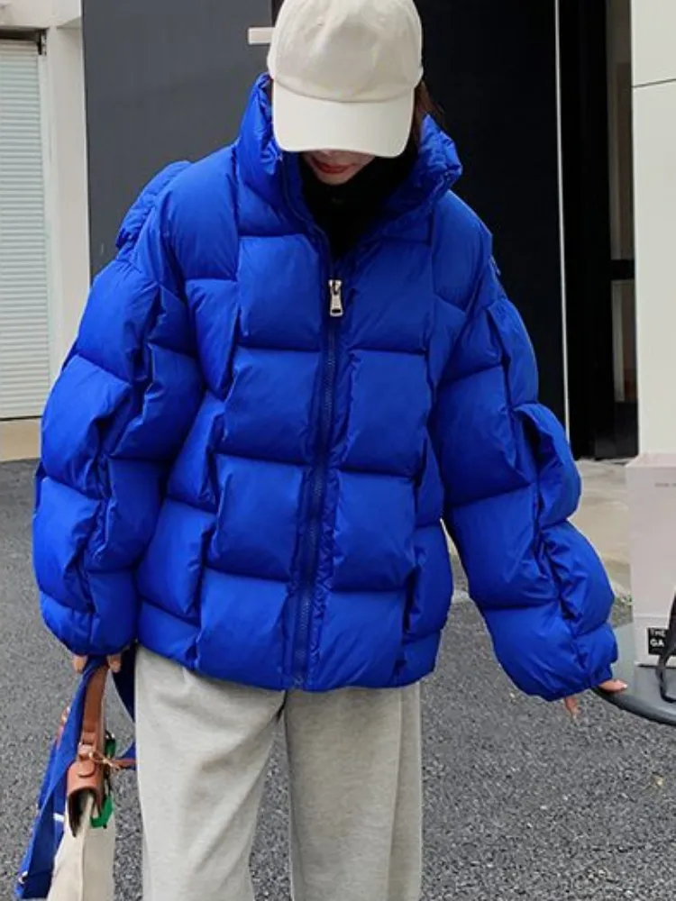 Jaqueta de inverno para mulheres tridimensional xadrez tecido moda casaco sólido high street quente e grosso 2023 inverno nova jaqueta para baixo