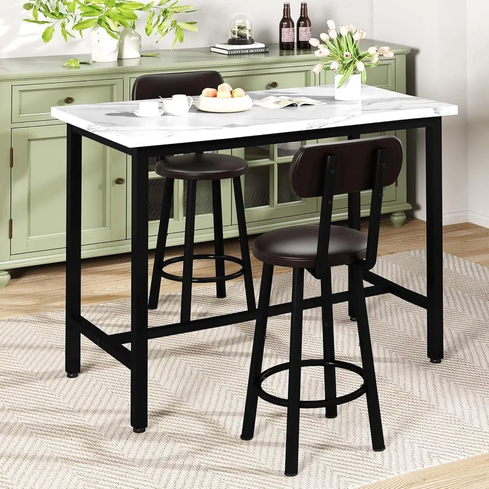 Rectangle Dining Table Set for 2 With MDF Tabletop & PU Leather Chairs - Bar Pub Set for Small Space Kitchen, Living Room,