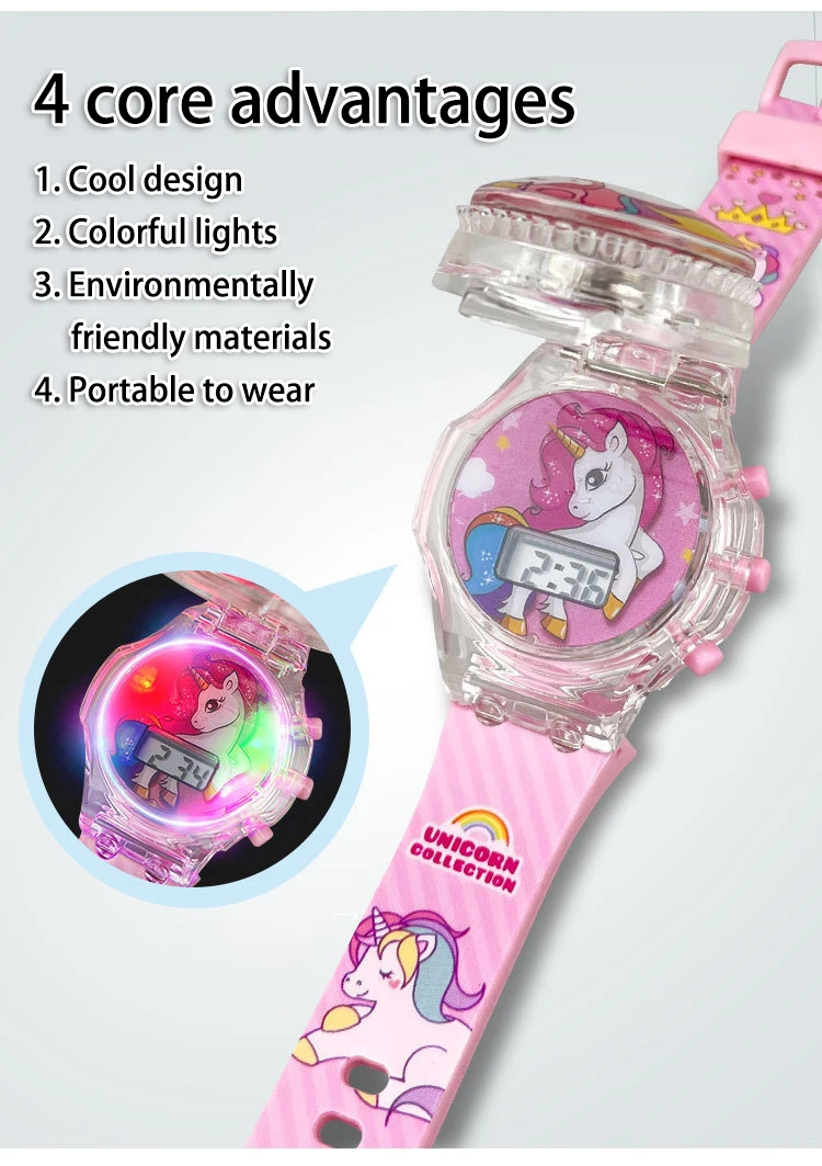 Criativo giroscópio turntable unicórnio crianças relógios para meninas estudantes iluminar relógio luz colorida display eletrônico montre enfant