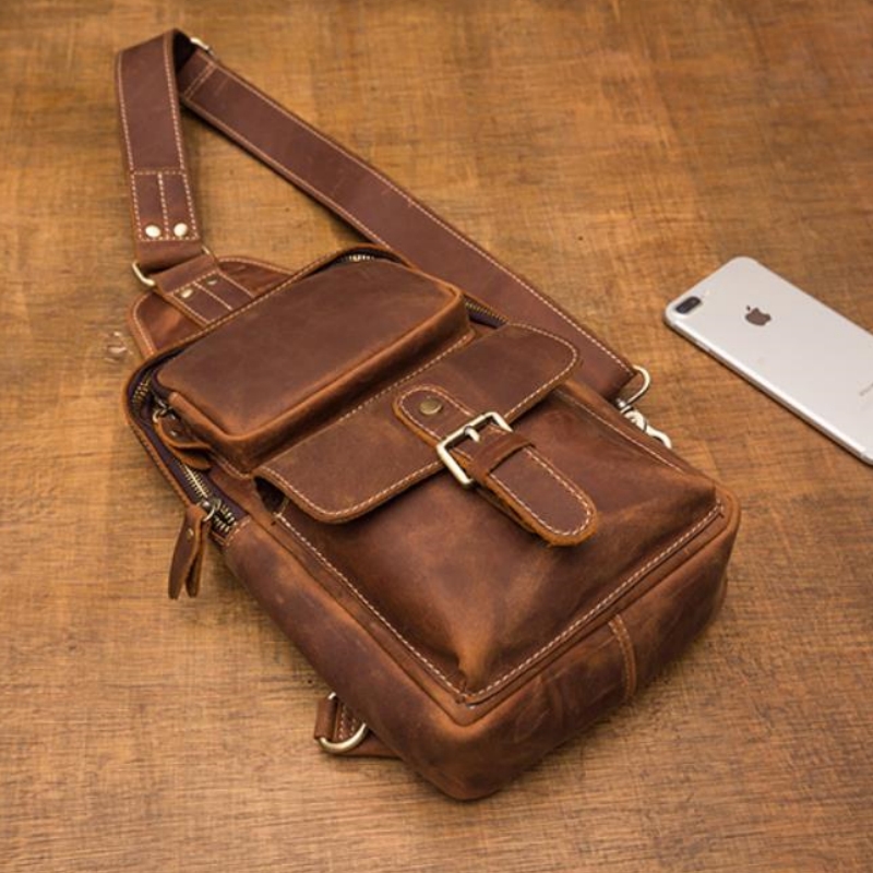 Saco de peito de couro Crazy Horse masculino, ombro único, bolsa tiracolo, esportes ao ar livre, mochila masculina, bolsa de cintura Fanny, tendência da moda