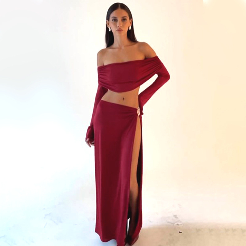 Conjuntos de falda para la playa lisa para mujer, trajes bohemios ajustados con abertura alta y hombros descubiertos, moda de vacaciones, conjunto de 2 piezas, ropa de playa 2024