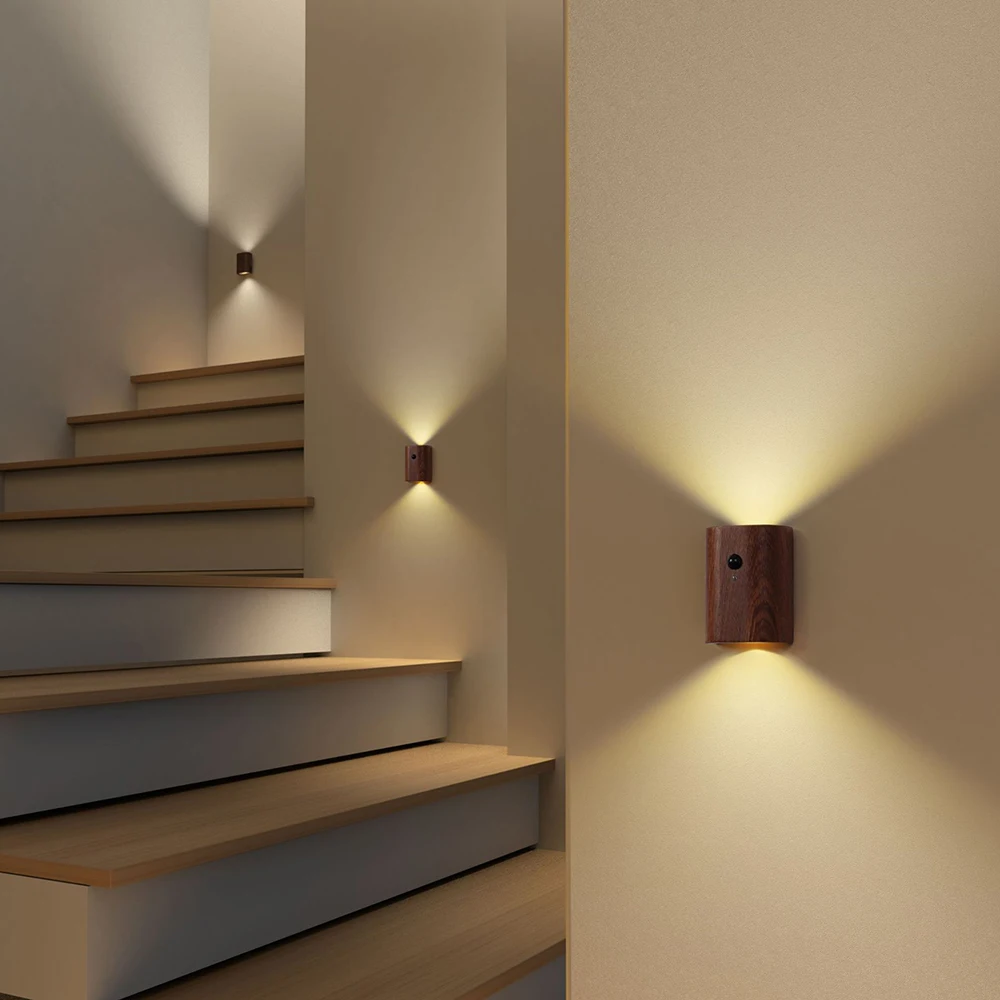 Luces nocturnas con Sensor de movimiento de madera, lámpara de pared de inducción LED inalámbrica recargable por USB, luz para escalera, pasillo, cocina y dormitorio