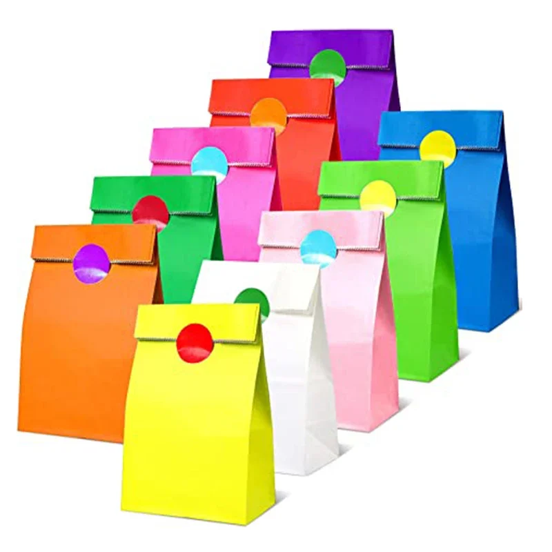 10 Stück bunte Standbeutel mit festem Streifen und Punkten und Aufklebern – 18 x 9 x 6 cm, Geschenkverpackung, Leckerlibeutel für Hochzeiten