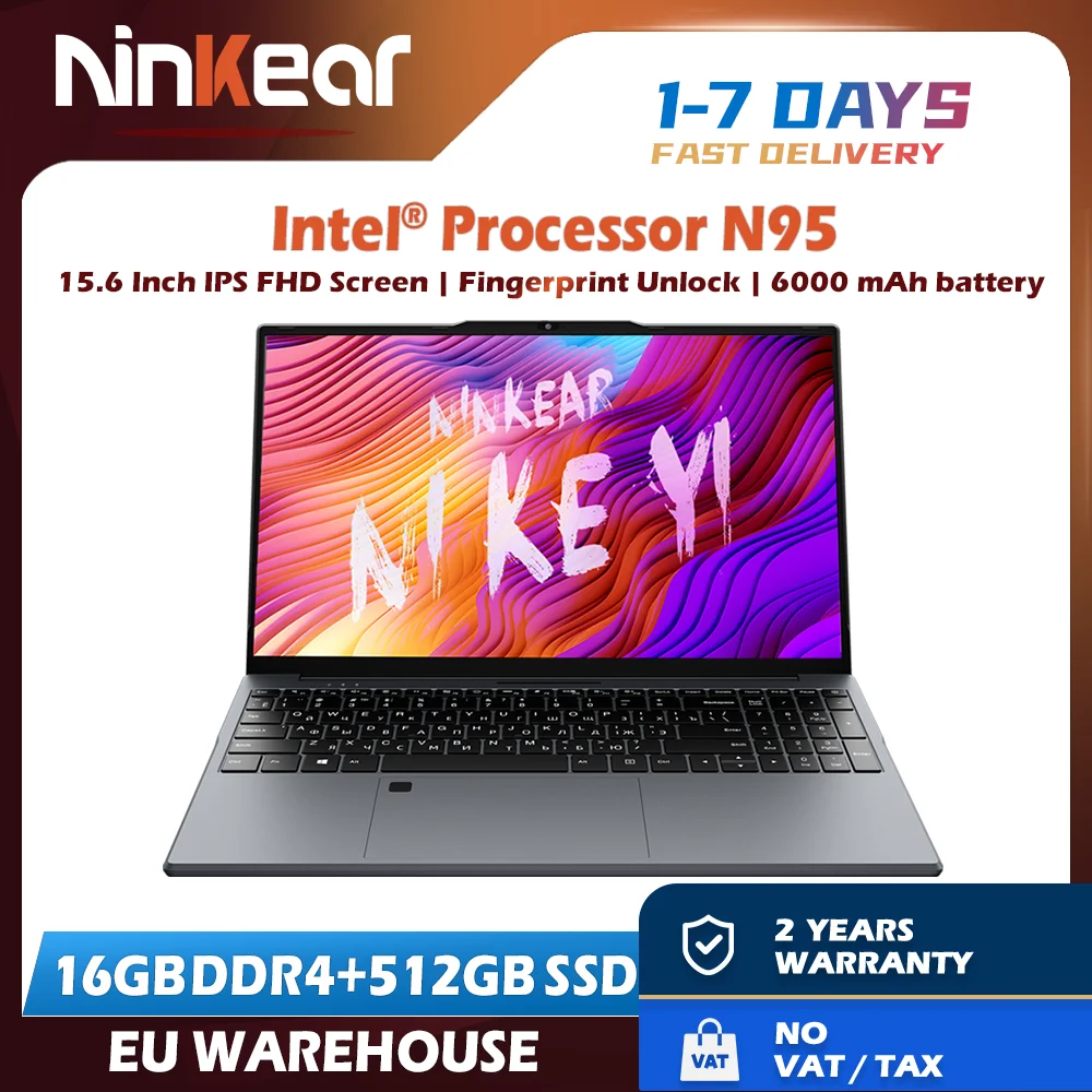 Ninkear Laptop N15 Air 15,6" FHD IPS 16 GB DDR4 512 GB SSD Intel N95 180 °   Flip mit Fingerabdruck-Entriegelung, Tastatur mit Hintergrundbeleuchtung, Windows 11