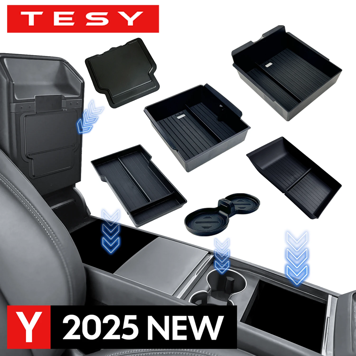 Console & Armrest Storage Box For Tesla New Model Y 2025 Juniper Launch ABS with Silicone Non-slip Mat Upper and Lower Watercup