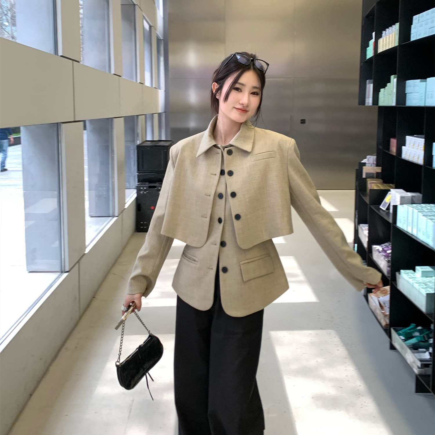 khaki color Women blzer Set 2 Pcs Formal Office Lady Coat Blazer+Vest