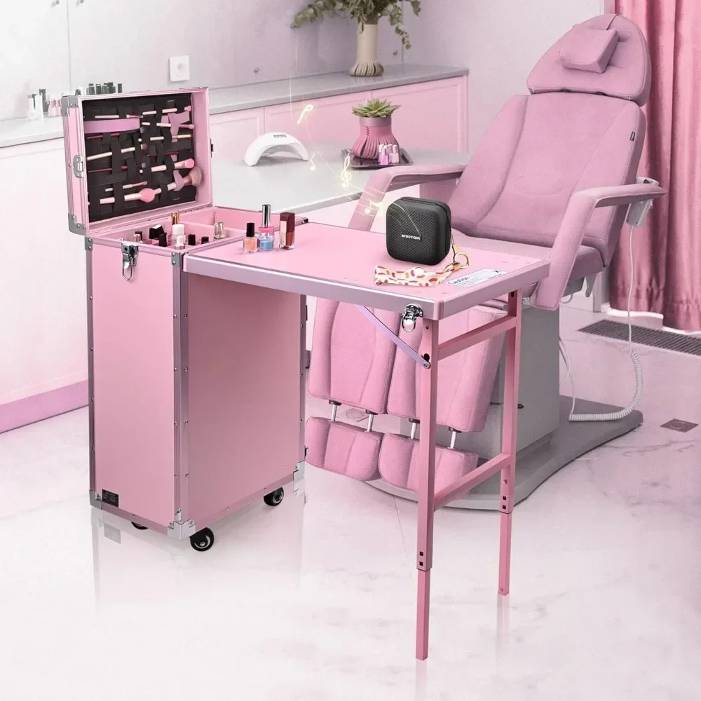 Manicure Table Foldable Nail Table Makeup Train Case with Desk Cosmetic Trolley Travel Storage Organizer with Drawers Mirror