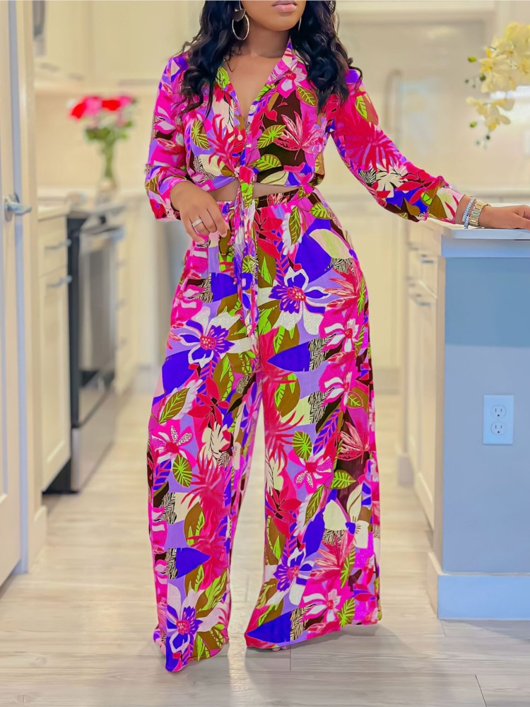 2024 Primavera Verano nuevo traje estampado de manga larga para mujer moda solapa camisa de una sola botonadura pantalones de pierna ancha conjunto de dos piezas