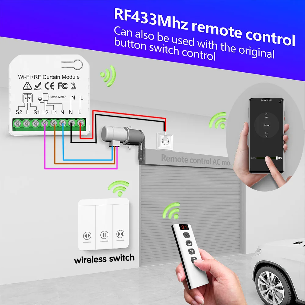 Tuya Smart Life interruptor de cortina Wifi Rf módulo de persiana enrollable 433mhz transmisor de panel de pared, para persianas de ventana de puerta de garaje Alexa