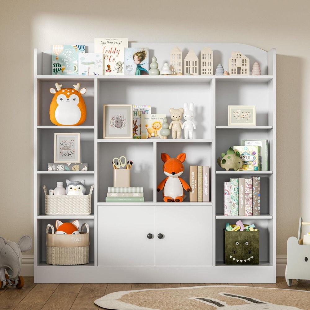 White Kids Bookshelf, Kids Bookcase with 11 Cubbies and 2 Cabinets, Freestanding Book Storage Shelves for Bedroom, Playroom