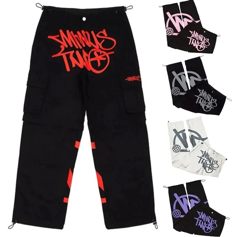 Menos dos Y2K moda calle pantalón negro múltiples bolsillos Cargo pantalones hombres mujeres alta cintura recta Joggers pantalones deportivos holgados