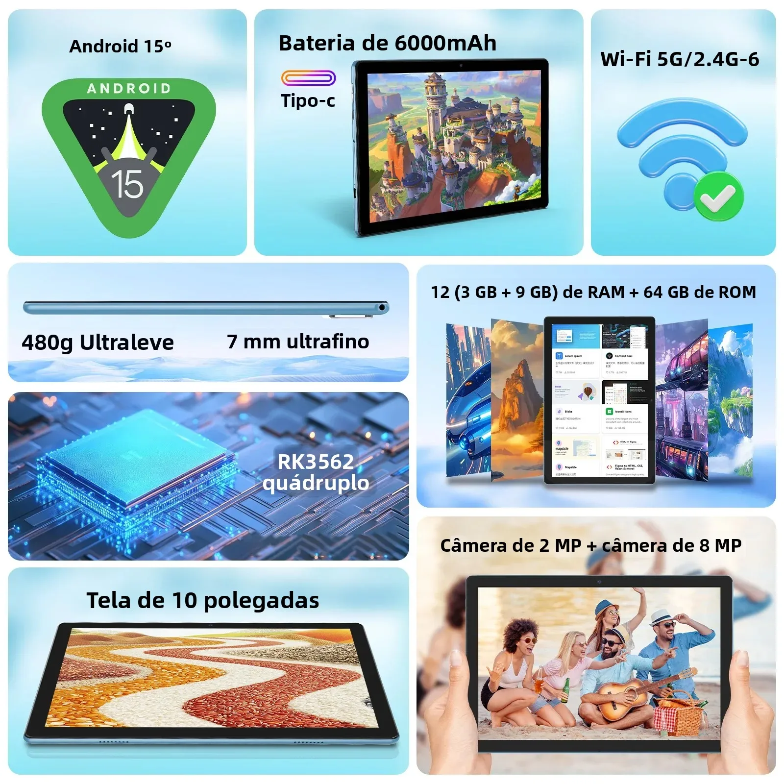 BAKEN Tablet Android 15 de 10 polegadas, processador quad-core, 12 GB (expansão 3 + 9) RAM + armazenamento de 64 GB, 5G WiFi, câmeras duplas 1280 * 800