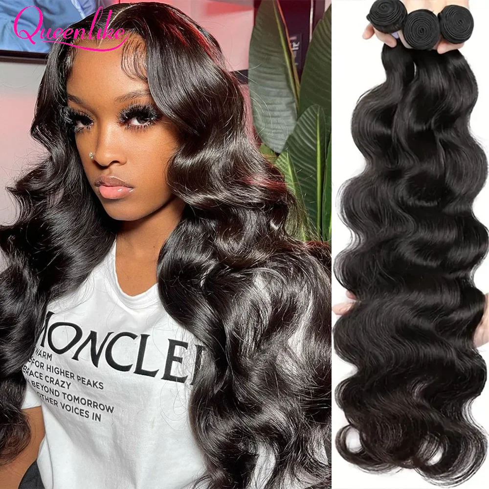 Queenlike-Body Wave Pacotes de cabelo humano, 10A, cru, 34 36 38 40 Polegada, longo, grosso, pode ser tingido, frete grátis