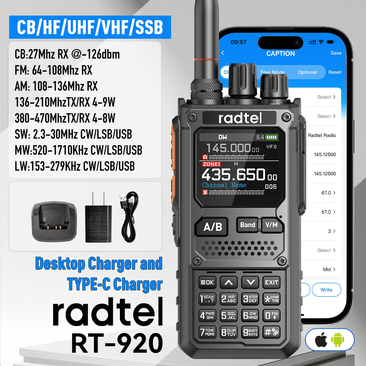 Radtel RT-920 10W Walkie Talkie Long Range SW MW LW AM SSB CB  Receive Wireless Bluetooth Phone Programming Ham Radio HF NOAA