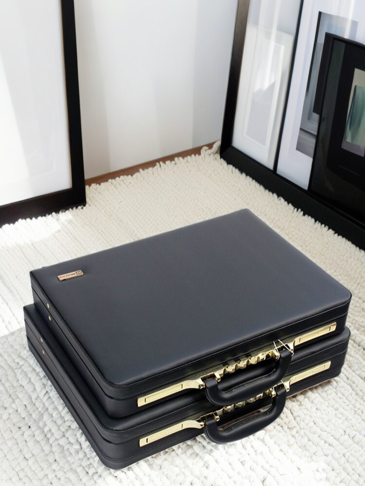 Business Men Black Leather Messenger Bag 14"16" Inch Computer Box Password Box Multifunctional Document Bag Briefcase