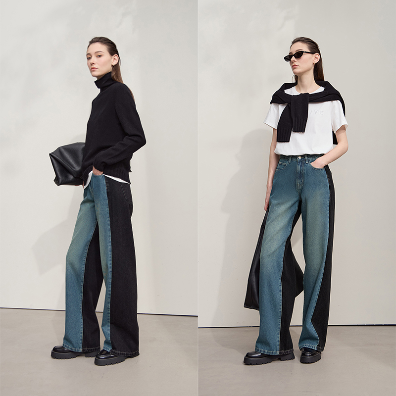 Джинсы Amii, женские брюки, осень 2021, новые повседневные женские джинсовые брюки в стиле ретро, свободные лоскутные универсальные широкие женские брюки 12553027