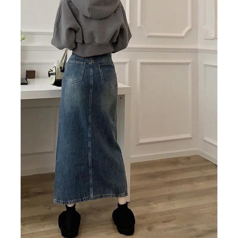 봄 가을 새로운 빈티지 사이드 슬릿 데님 스커트 여성의 몸집이 작은 하이 웨이스트 슬리밍 a 라인 중간 길이 Bodycon 스커트