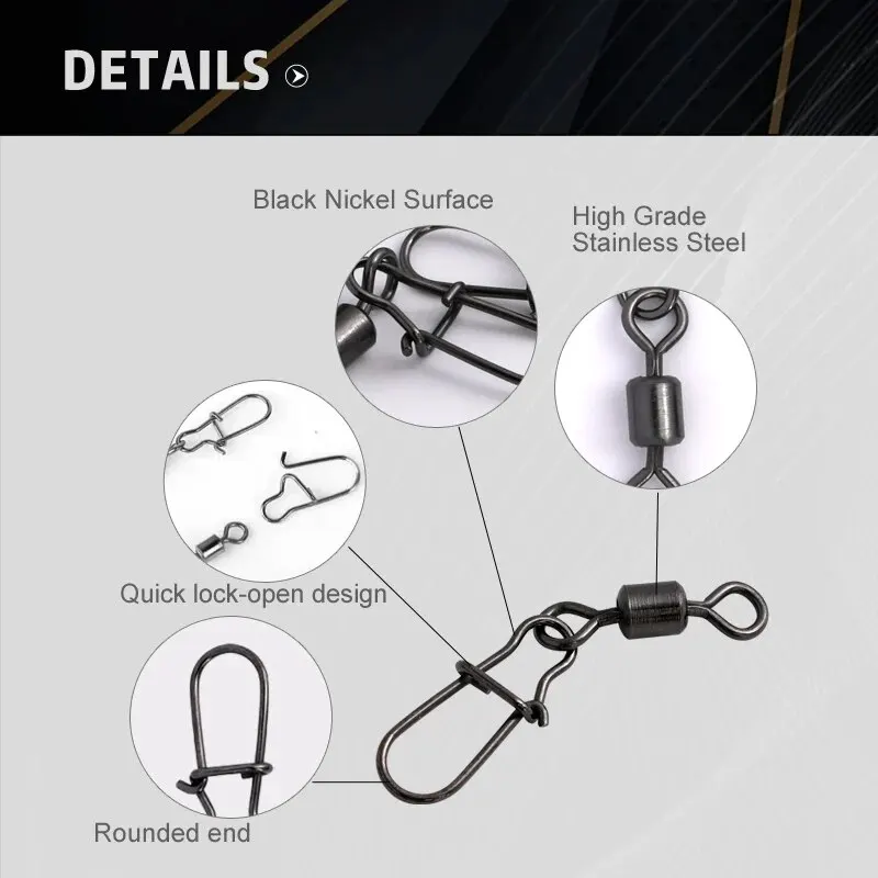 100 Pçs/caixa aço inoxidável Pesca Conector Pin 4 #6 #8 #10 #12 # Rolamento rolamento giratório com Snap Anzol Isca Acessórios