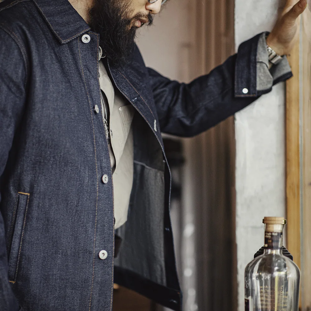 Maden jaqueta vintage de denim pesado 16,5oz com colarinho dobrável, design liso, abotoamento simples e impressão interna, 100% algodão, jaqueta masculina para primavera e outono