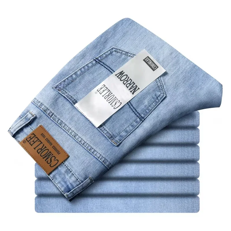 2025 primavera verão calças de brim finas estilo clássico moda estiramento regular ajuste calças jeans masculino marca lavado azul claro