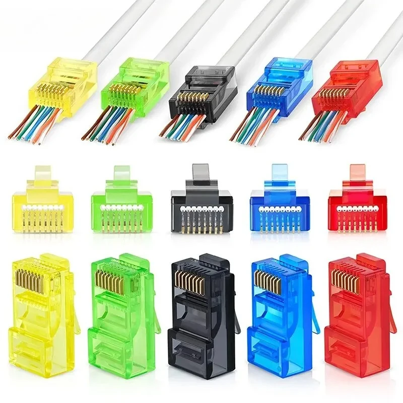 50 Uds. Conectores de paso RJ45 Cat6, enchufe Modular EZ a engarzado de colores surtidos para Cable de red UTP sólido o trenzado