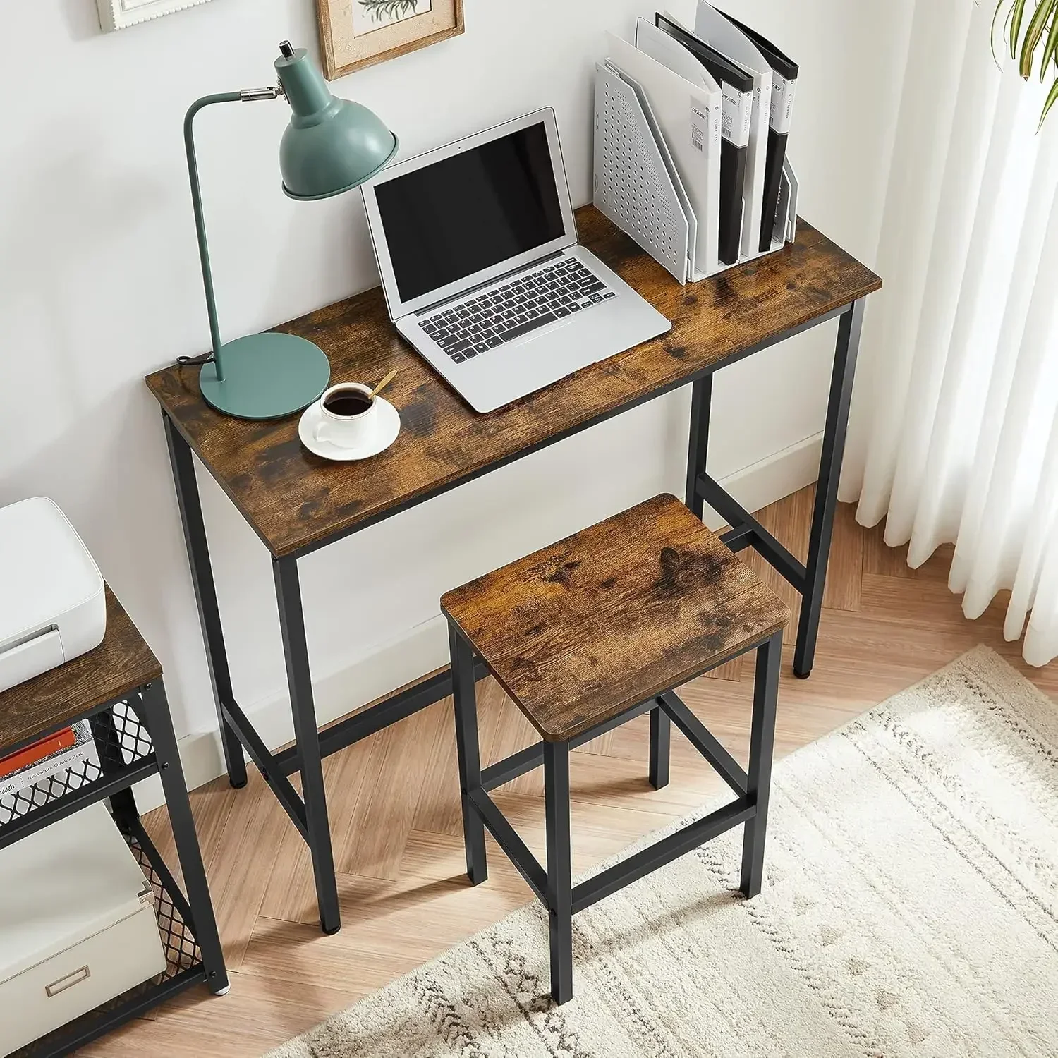 Juego de mesa de bar y taburetes, mesa de desayuno con 2 taburetes, estructura de acero, industrial, tinta marrón rústica y negra