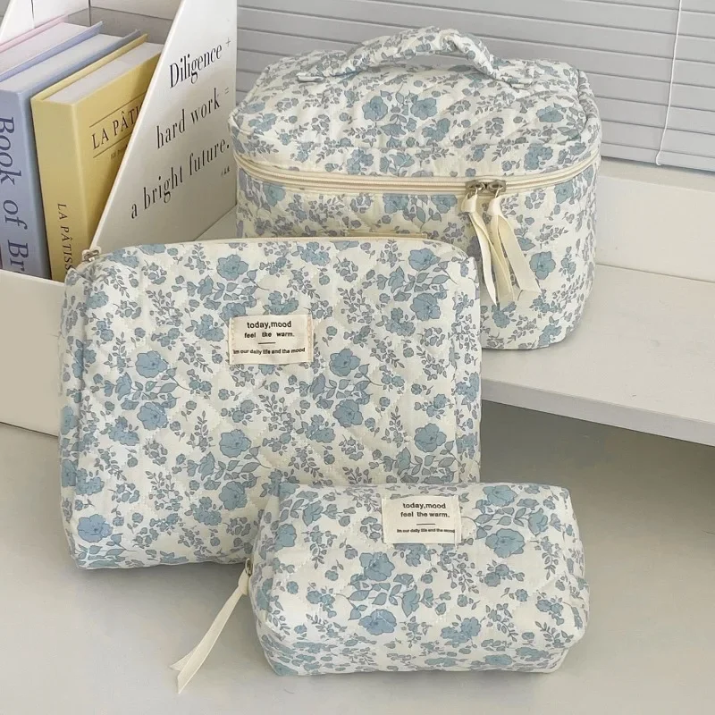1 pz cotone fiore blu borsa per cosmetici da donna borse portaoggetti in tessuto piccola custodia per organizer da viaggio di grande capacità custodia per trucco da donna