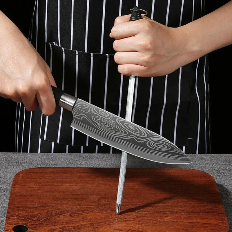 เลเซอร์ดามัสกัสรูปแบบยูทิลิตี้มีดครัวกรรไกร Sharpening Rod ชุดสแตนเลส SHARP Slicing มีดเชฟเครื่องมือทําอาหาร