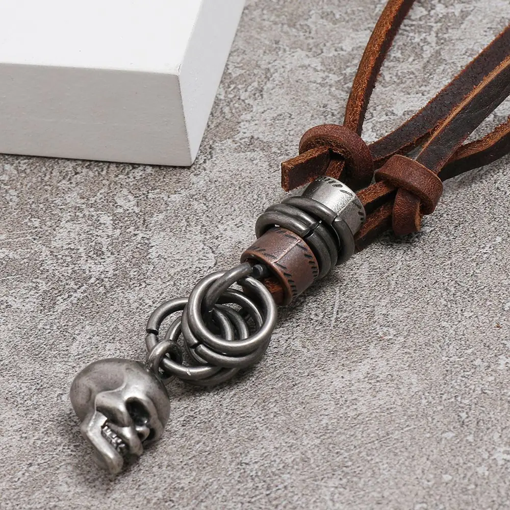 Cadena de flecha EDC para exteriores, collar Retro con calavera, cuerda de cuero